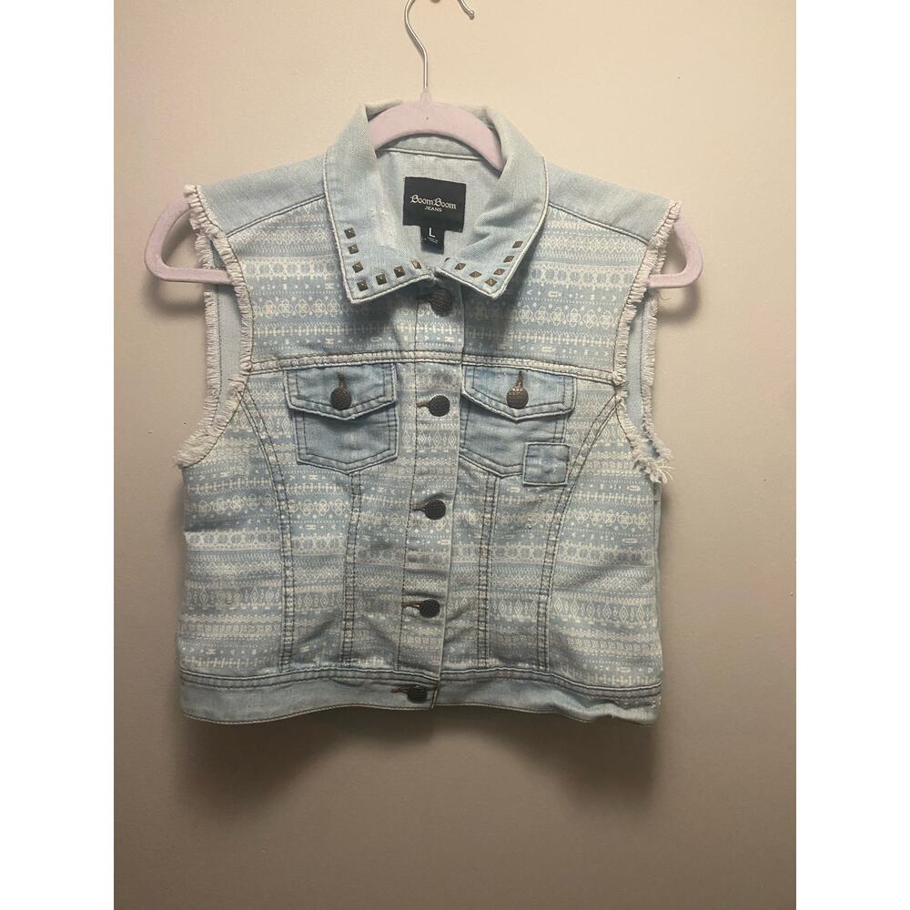 Boom Boom Jeans Tribal Print Studded Denim Vest - Size Large
